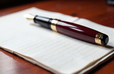 A fountain pen resting on a lined notebook page with a wooden surface background