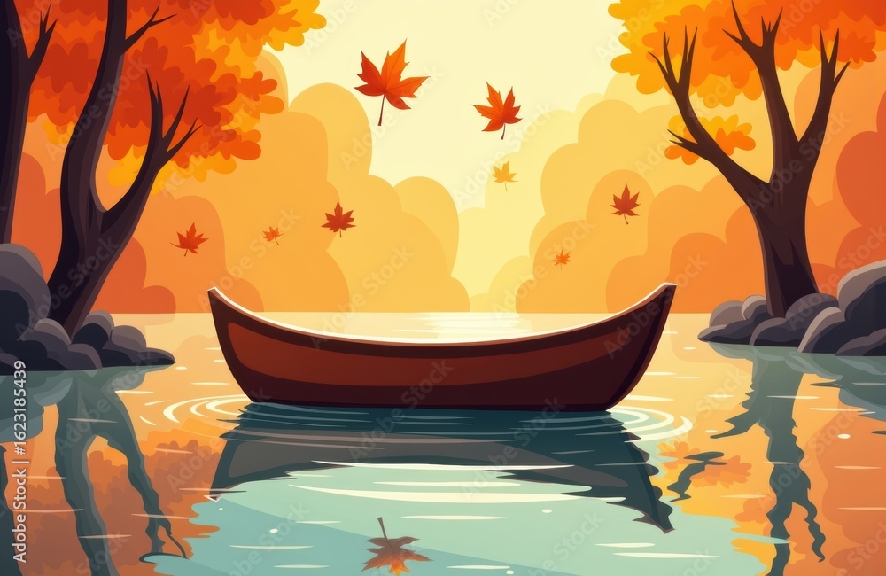 Poster autumn scene with a boat floating on calm water surrounded by colorful fall trees and falling leaves