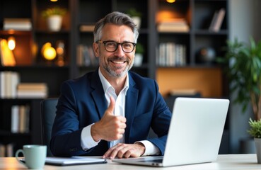 Businessman smiling and giving a thumbs-up while working on a laptop in a modern office setting
