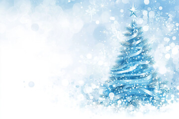 Christmas tree with blue decorations on a snowy  blue background with space for text. Perfect for holiday celebrations.