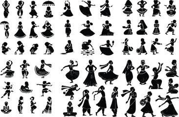 Girl in Traditional Indian Dress Silhouette Set – Cultural Icon Collection Indian Girl Silhouette Pack – Traditional Saree & Festive Pose Icons