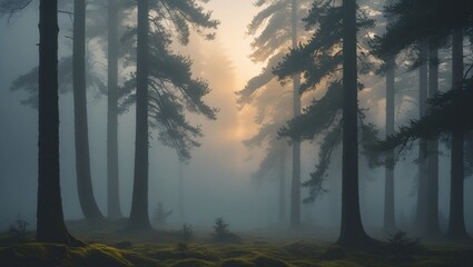 Naklejka premium Early morning fog drifting through pine trees, soft silhouettes fading into distance, earthy scent and calm implied – meditative forest air