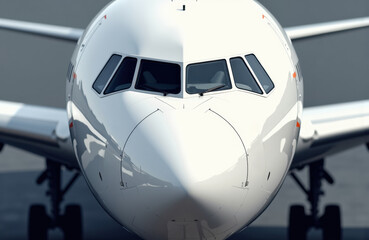 Obraz premium Close-up of a modern commercial airplane front view on runway