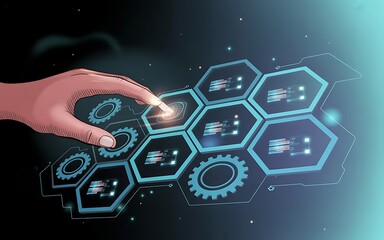 Human Finger Interacting with Futuristic Digital Interface Displaying Hexagonal Data Nodes and Gears