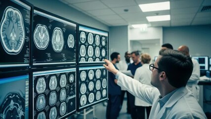 A medical professional analyzes brain scans on multiple screens in a modern hospital setting while colleagues discuss findings in the background emphasizing teamwork in healthcare - Powered by Adobe