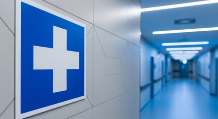 Blue medical cross sign mounted on a wall in a clean, well-lit hospital corridor with multiple doors along the hallway