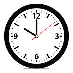 Art of a simple black and white analog clock face showing the time, isolated on white background