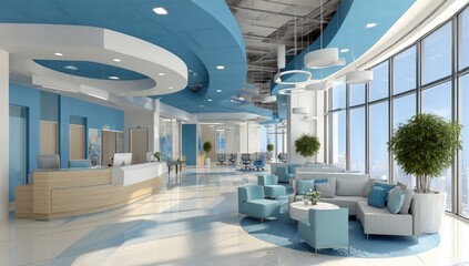 Modern, light-filled office lobby with light blue and white d?cor, featuring a reception desk, comfortable seating areas, and large windows