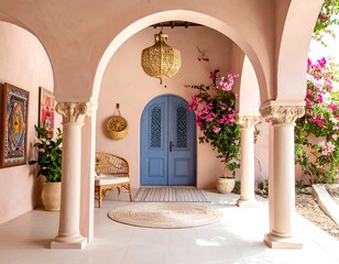 Pink arched entryway with blue doors