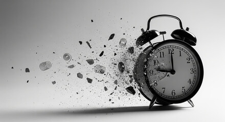 Black analog alarm clock dissolving into floating fragments on pale background symbolizing time fading away