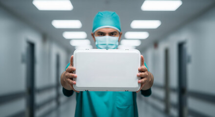 Healthcare worker in surgical attire holding a medical case in hospital corridor