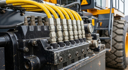 Close-up of yellow hydraulic hoses and metal fittings on heavy construction machinery showing mechanical fluid power components