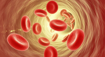 Inside view of red blood cells flowing through a blood vessel in a digital 3D illustration of the circulatory system