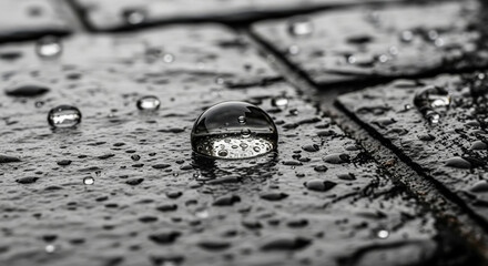 Close-up of water droplets on textured dark stone surface highlighting clarity and refraction in monochromatic tones