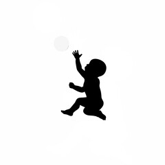 Silhouette of a baby trying to catch a bubble floating in the air on white background