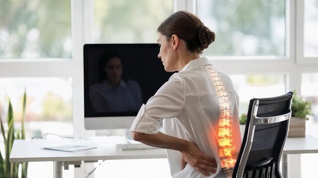 Woman suffering from spinal pain due to poor posture at desk job with highlighted spine.