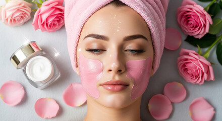 Relaxing skincare ritual with pink facial mask, white cream dots, and rose petals in a tranquil spa setting