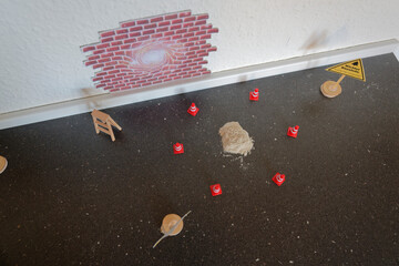 Miniature construction scene, warning sign and traffic cones for the coming julenisse in denmark