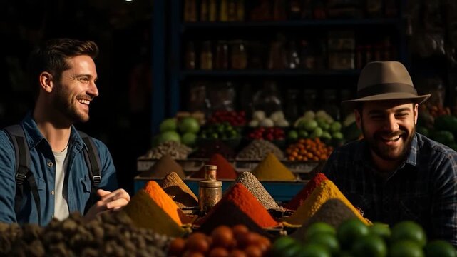 Two Smiling Men at Spice Market with Colorful Piles of Spices