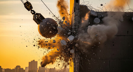 Wrecking ball striking a concrete building with debris flying against a dramatic city skyline at sunset