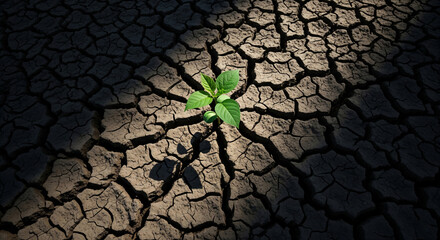 Young green plant sprouting from cracked dry earth symbolizing resilience and hope in drought conditions