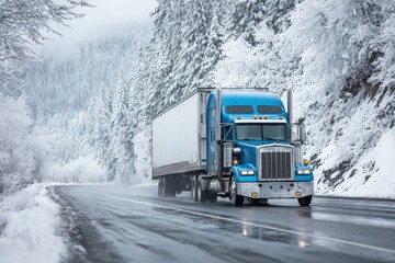 Winter Journey: Blue Freight Truck Hauling Cargo on Wet Roads Surrounded by Snowy Trees