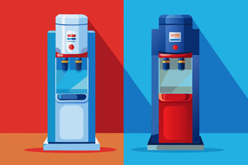 vector of Standing water cooler and spa device for cold and hot water with blue and red faucet or cold and hot water button. The background contrasts the color of the device.
