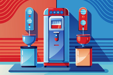 vector of Standing water cooler and spa device for cold and hot water with blue and red faucet or cold and hot water button. The background contrasts the color of the device.