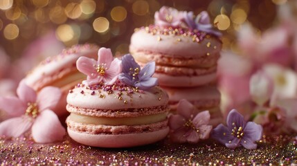 Pink macarons with cherry blossom flowers dessert bakery