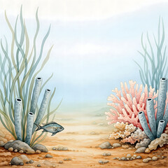 Underwater coral reef scene with seaweed, tube sponges, colorful corals, and a fish swimming, hand-drawn ocean illustration