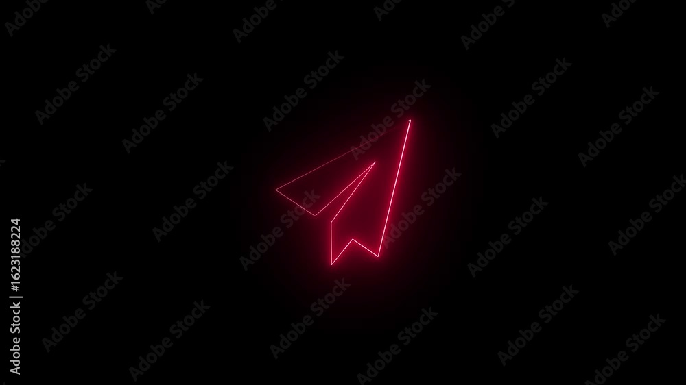 Poster paper plane neon sign appear in center and disappear after some time. animated red neon icon on blac