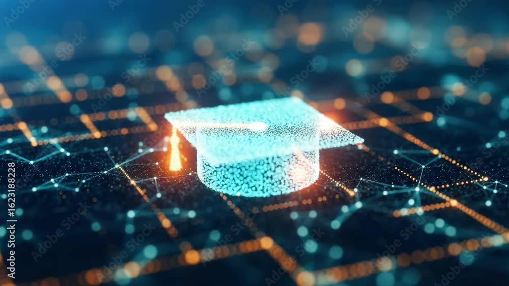 Poster a digital graduation cap symbolizing online education and learning advancements set against a futuri
