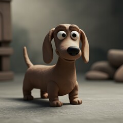 A plasticine dog stands and looks curiously at the play environment