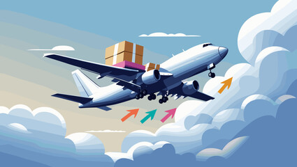 Airplane carrying cargo boxes flying through colorful clouds in a dynamic illustration