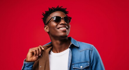 Confident African American Man with Sunglasses and a Denim Shirt on a Red Background
