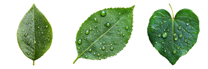 set of dew drops on leaf isolated on transparent background