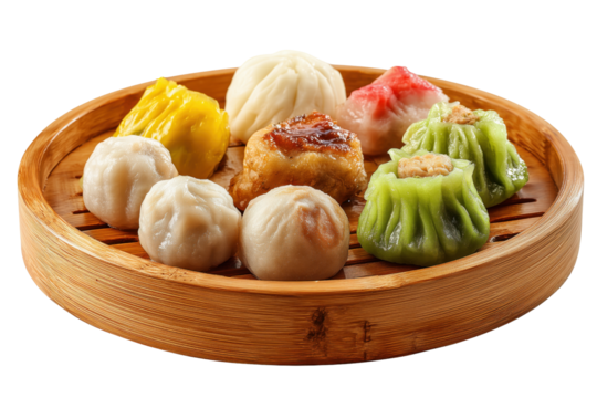 Assortment of colorful Chinese dim sum dumplings in bamboo steamer basket isolated on a transparent background