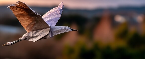 Origami Bird Flying in Nature Symbol of Freedom with Creative Paper Art, and Sunset Backdrop.