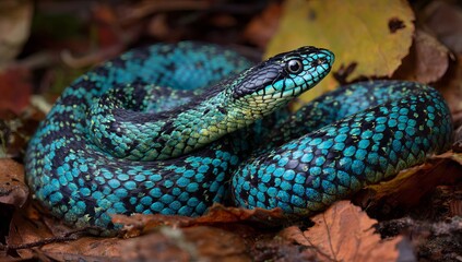A vibrant blue and green snake with scales that shimmer in the sunlight, slithering through leaves on a forest floor. The body is adorned with intricate patterns of black dots.