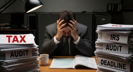 Stressed businessman overwhelmed by tax audit paperwork and looming deadlines, working late at night.