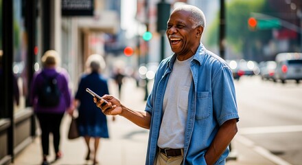 Happy Senior African American Man Laughing and Using His Smartphone on a City Sidewalk