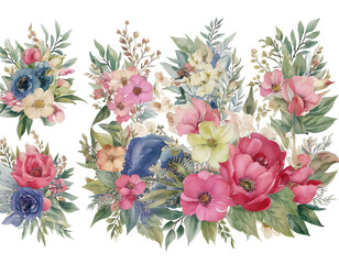 Watercolor flower bouquets on transparent background and white background 