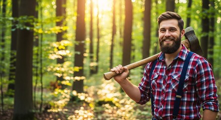 Portrait of a Smiling Lumberjack with a Beard, Holding an Axe on His Shoulder in a Sunny Forest