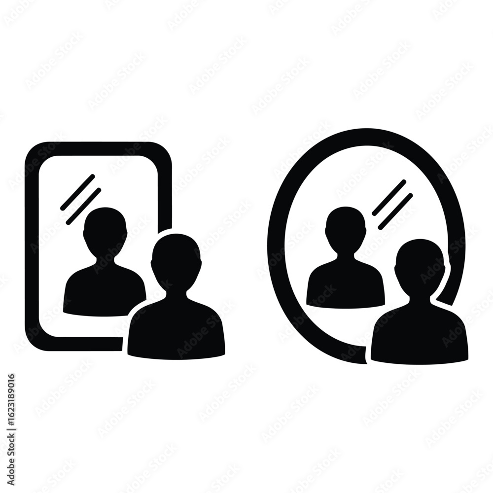 Poster art of two figures reflected in mirrors, one rectangular and one circular, symbolizing selfawareness
