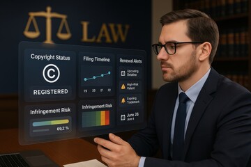 Lawyer analyzing copyright status and infringement risk using AI-powered legal dashboard with alerts and timelines
