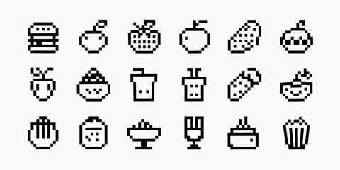A versatile collection of pixel style vector icons in black and white suitable for various digital and print applications
