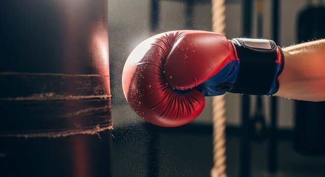Boxer's Gloved Hand Hitting a Punching Bag in a Gym, Representing Strength, Fitness, and Training