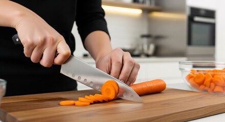 Young Woman Chopping Fresh Carrots on a Wooden Cutting Board in a Modern Kitchen.