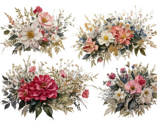 Watercolor flower bouquets on transparent background and white background 