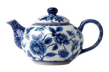 Blue and white porcelain teapot with floral pattern isolated on a transparent background ceramic